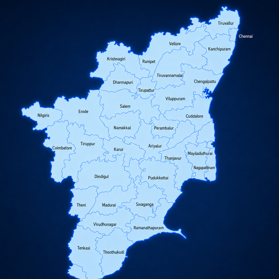 Map of Tamil Nadu highlighting all 38 districts covered by KuliSaha