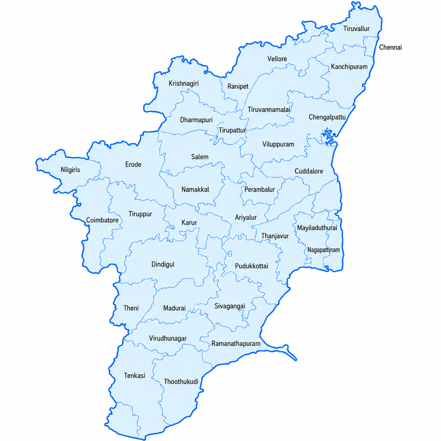 Map of Tamil Nadu highlighting all 38 districts covered by KuliSaha